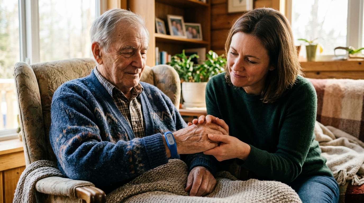 Adulto mayor con Alzheimer protegido con pulsera médica NFCuida junto a su familiar