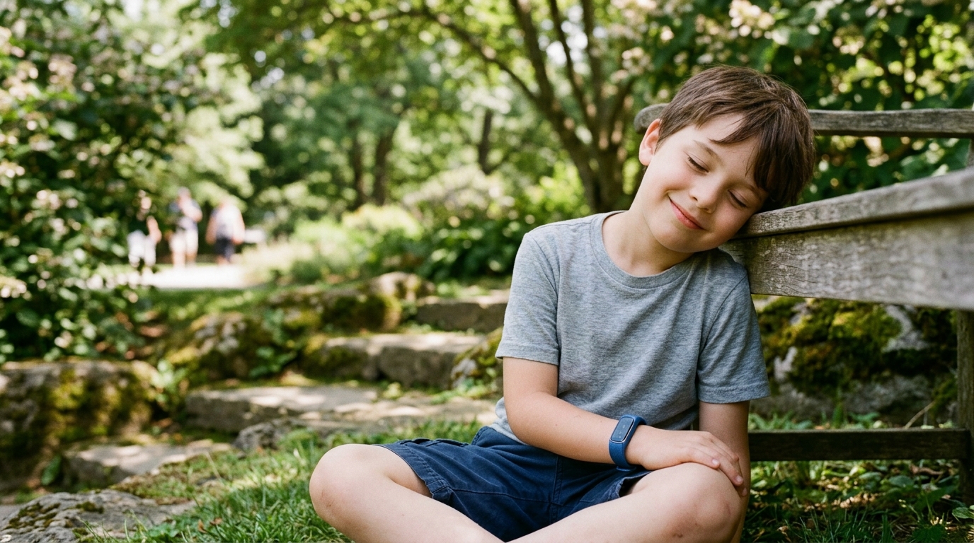 Niño con autismo protegido con pulsera médica NFCuida en un parque tranquilo