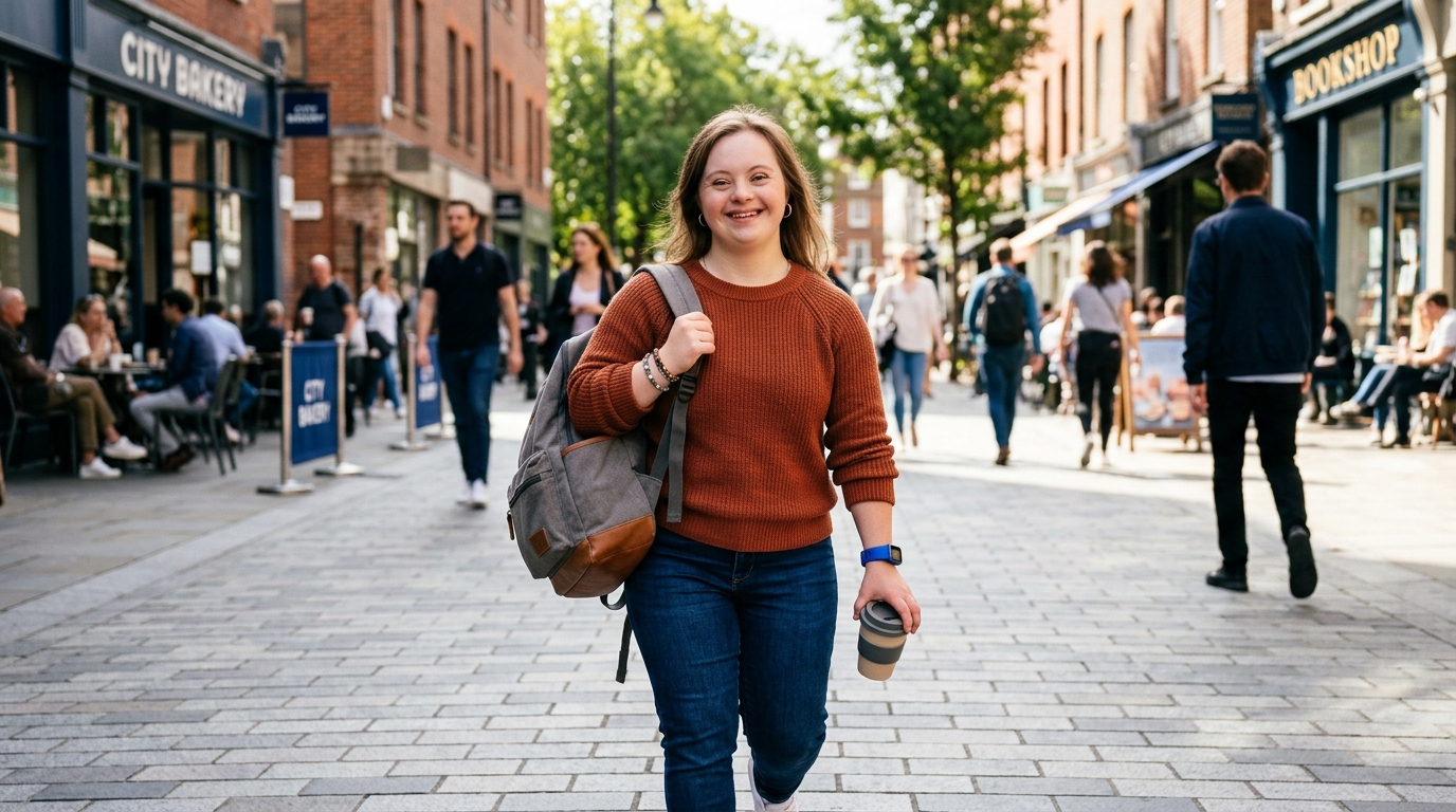 Joven con Síndrome de Down disfrutando de autonomía y vida urbana segura con NFCuida